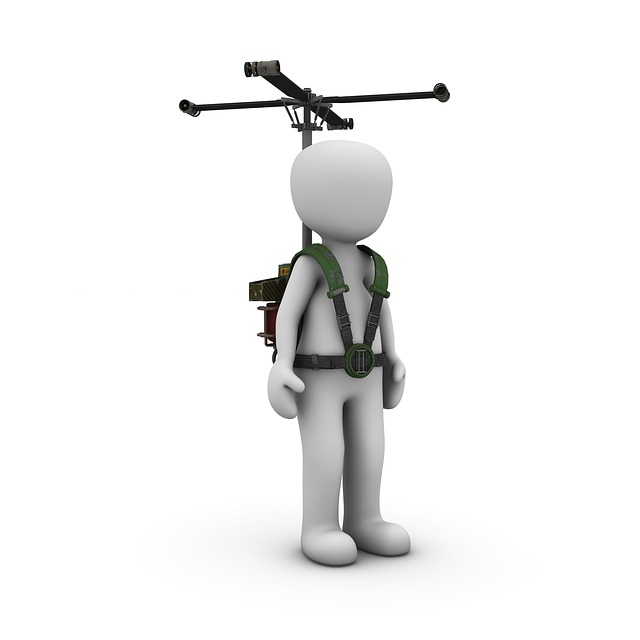 3D rendering of a standing clay figure wearing a helicopter harness