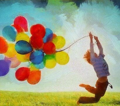 Oil painting of a little boy holding balloons