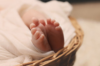 Close-up of a baby's feet lying in a wicker basket